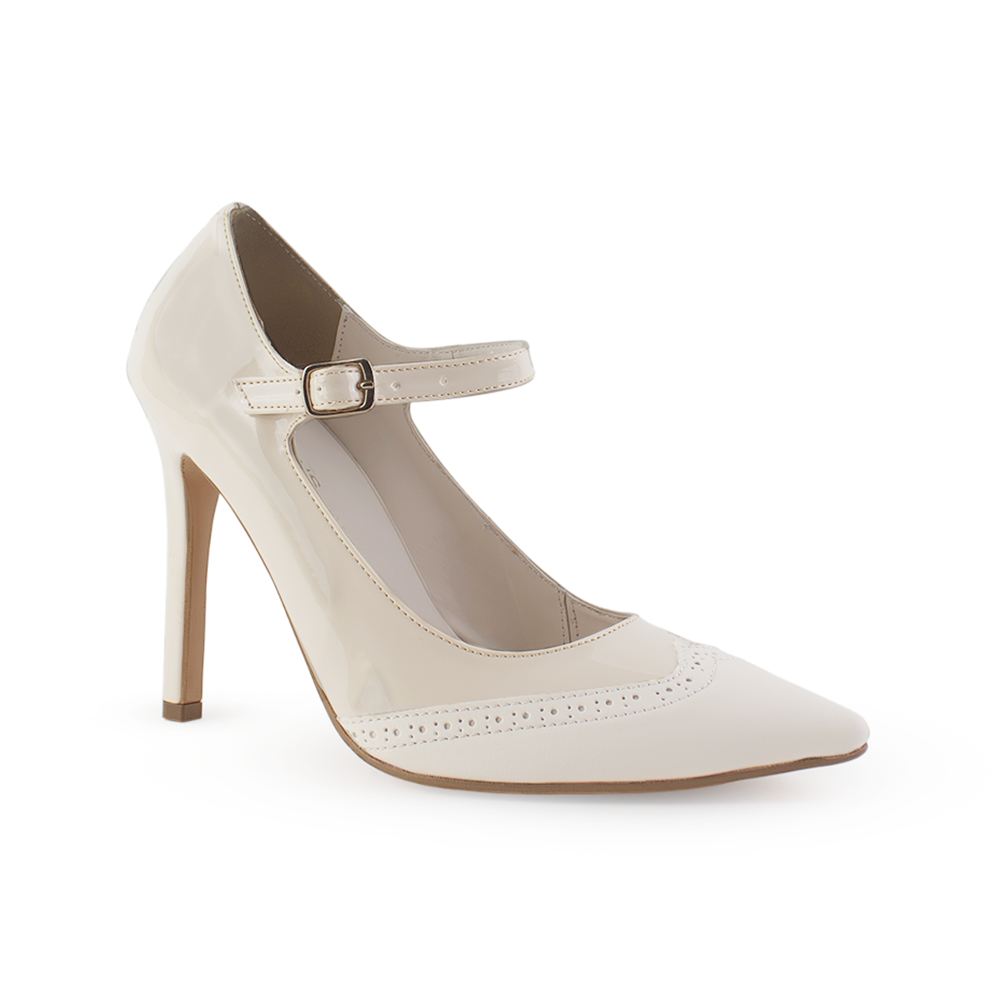 Vista diagonal de zapatilla beige con tacon delagdo de 10cm y pulsera para mujer