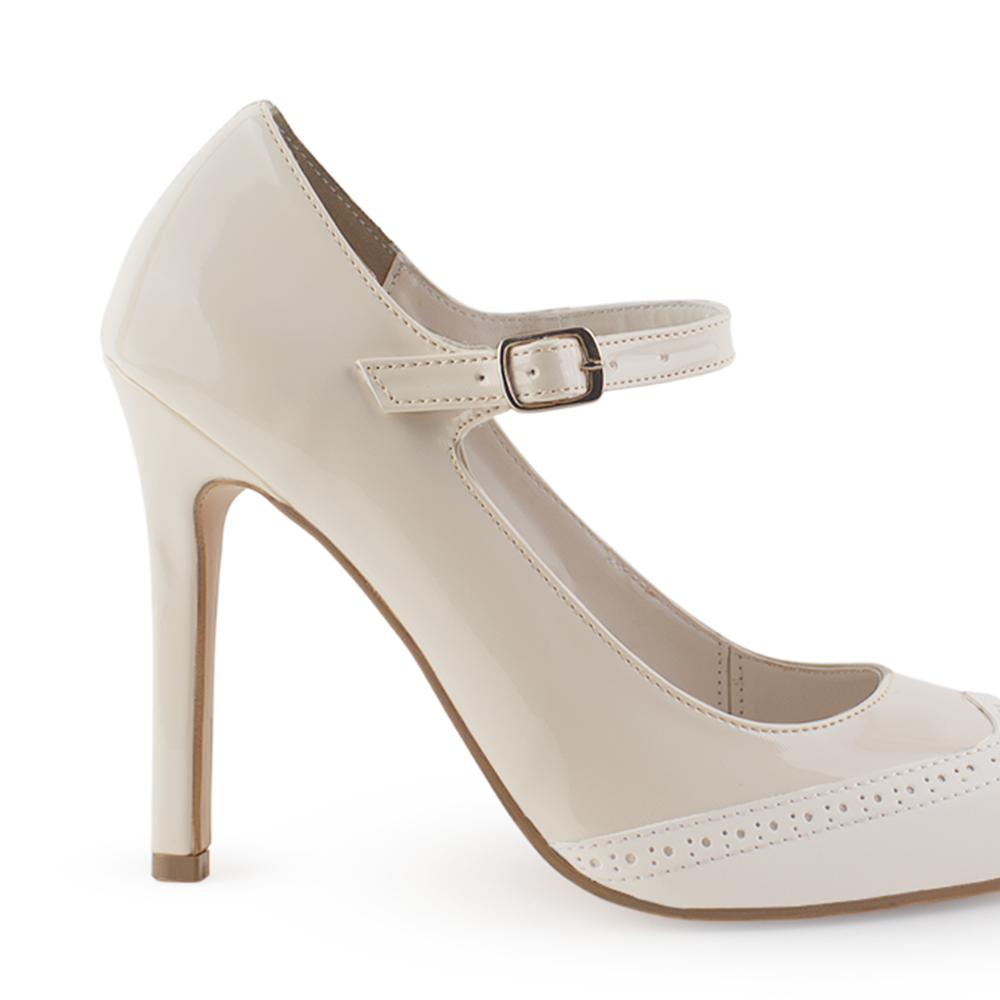 Vista trasera de tacon delgado de 10cm en zapatilla para mujer beige