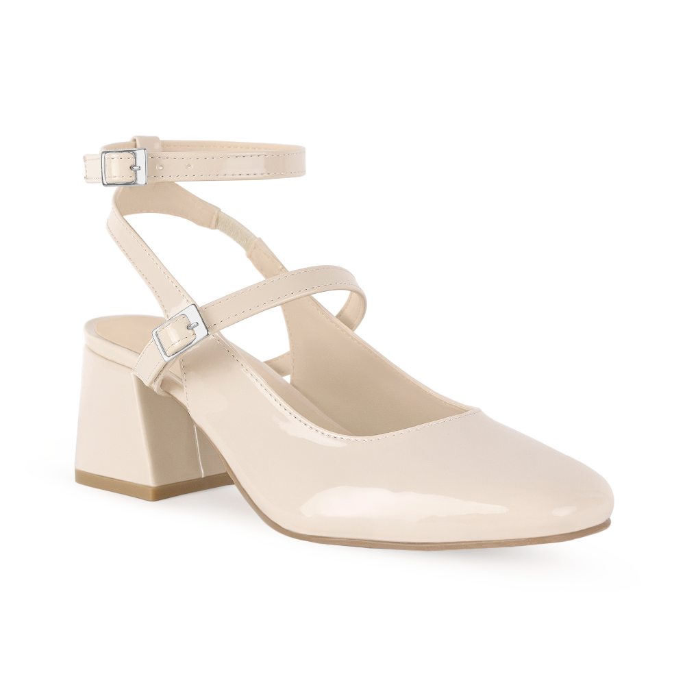 Vista diagonal de zapatilla beige para mujer con tacón escultural de 5cm y doble hebilla