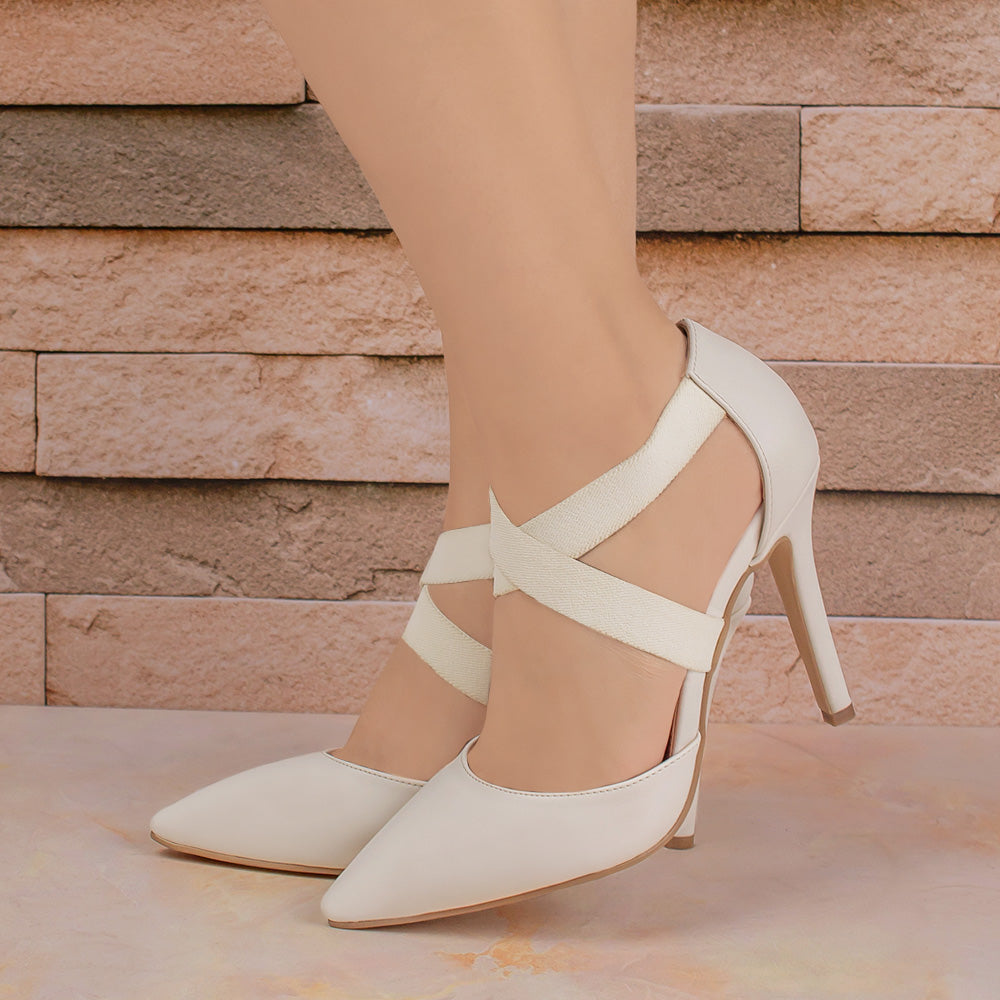 Zapatillas para mujer color beige con tacon delgado y tiras cruzadas