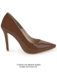 Vista lateral de zapatilla cafe para mujer tipo stiletto con tacón delgado