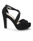 vista lateral de zapatillas negras con tacon para mujer