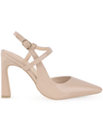 Vista lateral de zapatilla maquillaje para mujer puntal con tacon escultural de 10cm