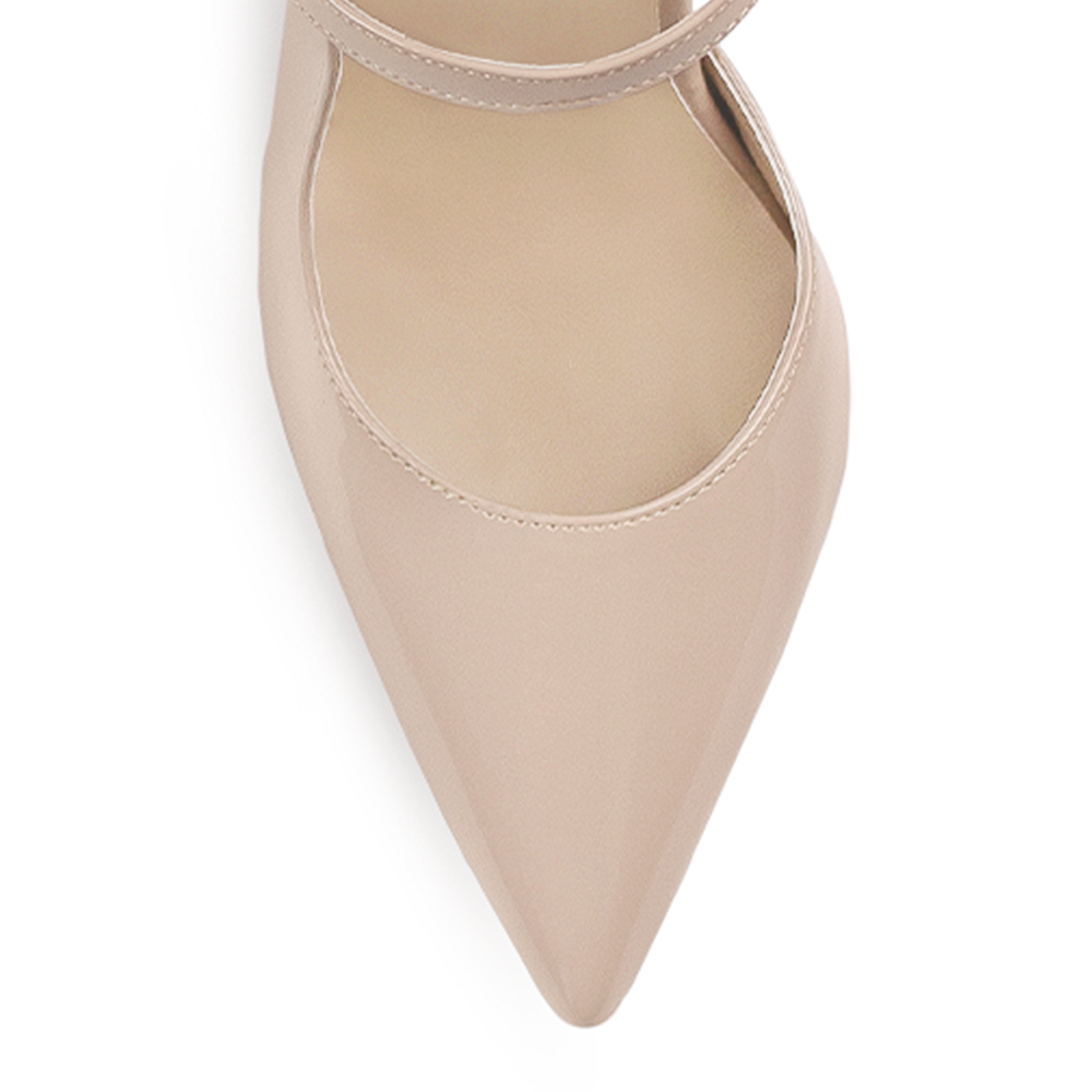 Vista de material charol en zapatilla maquillaje para mujer tipo stiletto