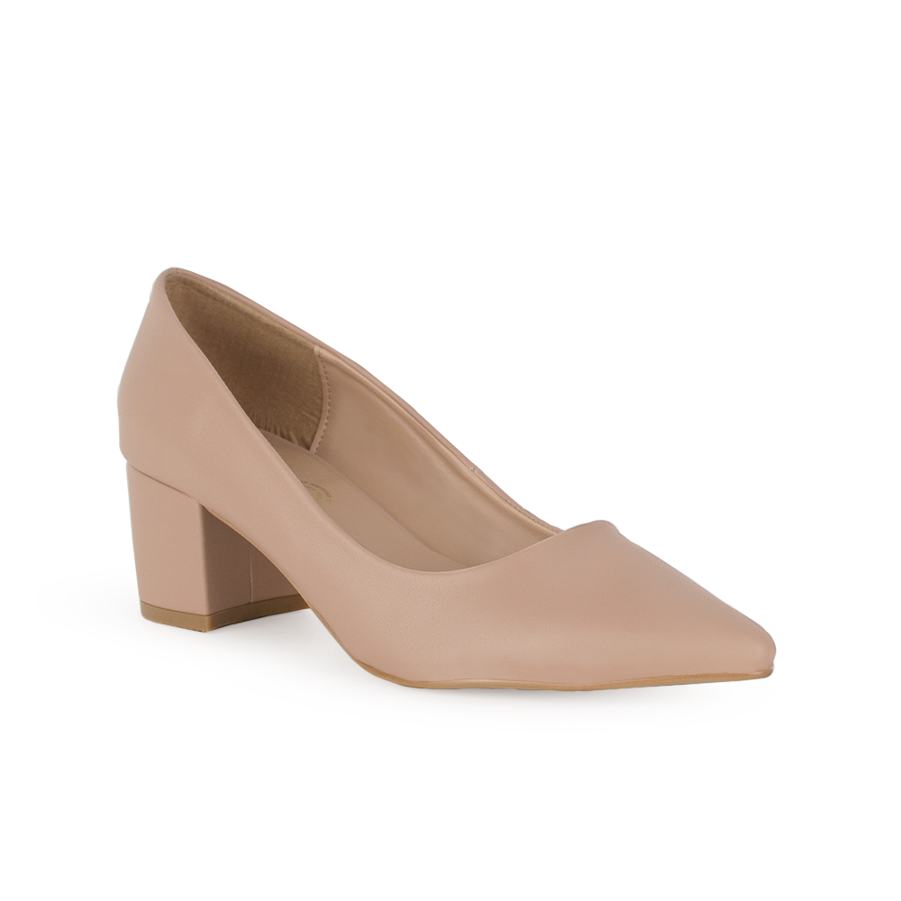 Vista diagonal de zapatilla maquillaje para mujer tipo stiletto con tacón bajo de 5cm