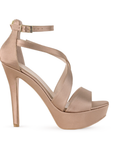 Vista lateral de zapatilla maquillaje con hebilla elegante y tacón alto de 12cm para mujer