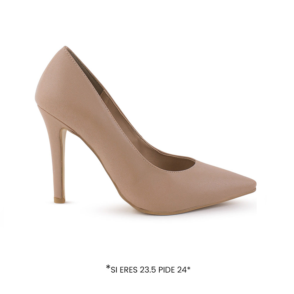 Vista lateral de zapatilla maquillaje para mujer tipo stiletto con tacón delgado