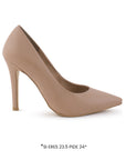 Vista lateral de zapatilla maquillaje para mujer tipo stiletto con tacón delgado