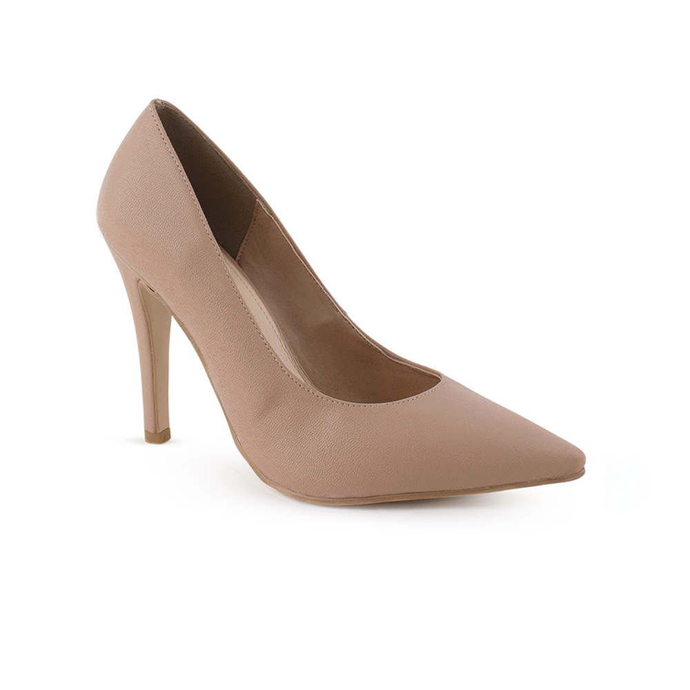 Vista diagonal de zapatilla maquillaje con tacón delgado para mujer