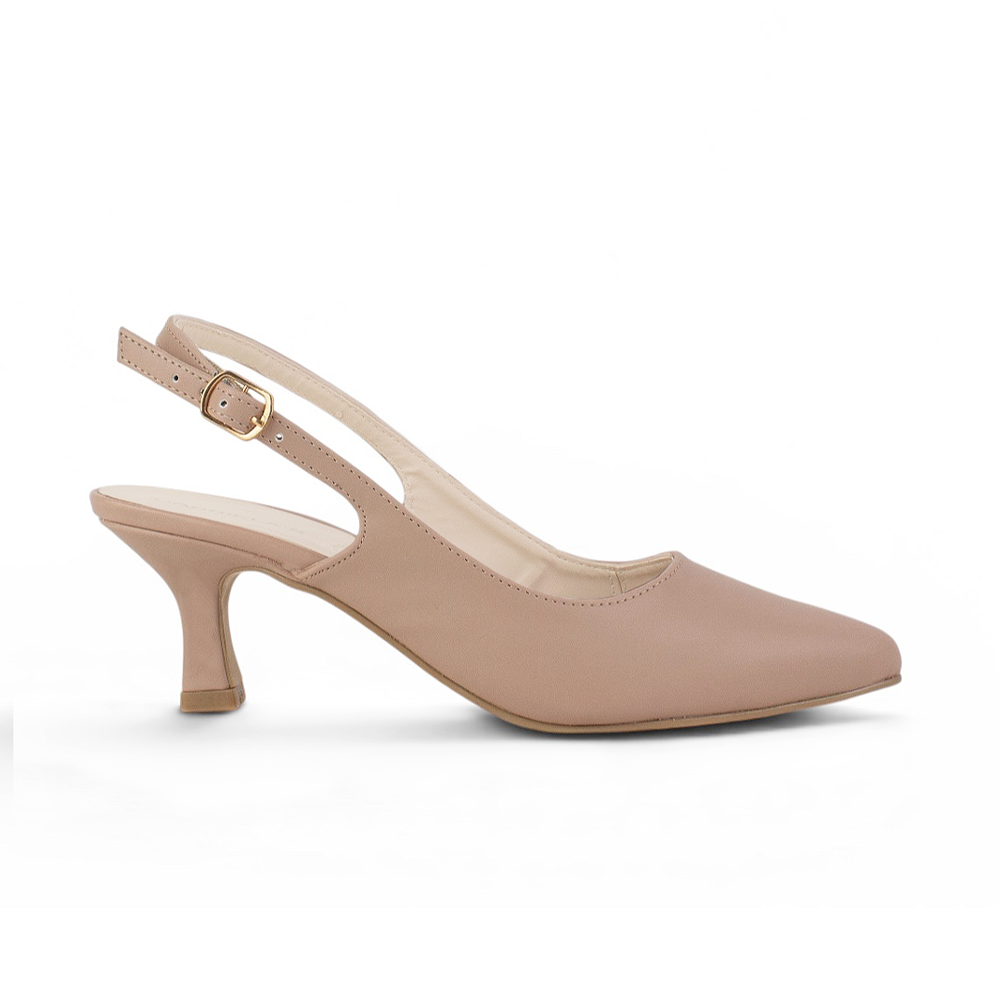 vista lateral de zapatillas maquillaje con talón descubierto y tacón medio de 7cm