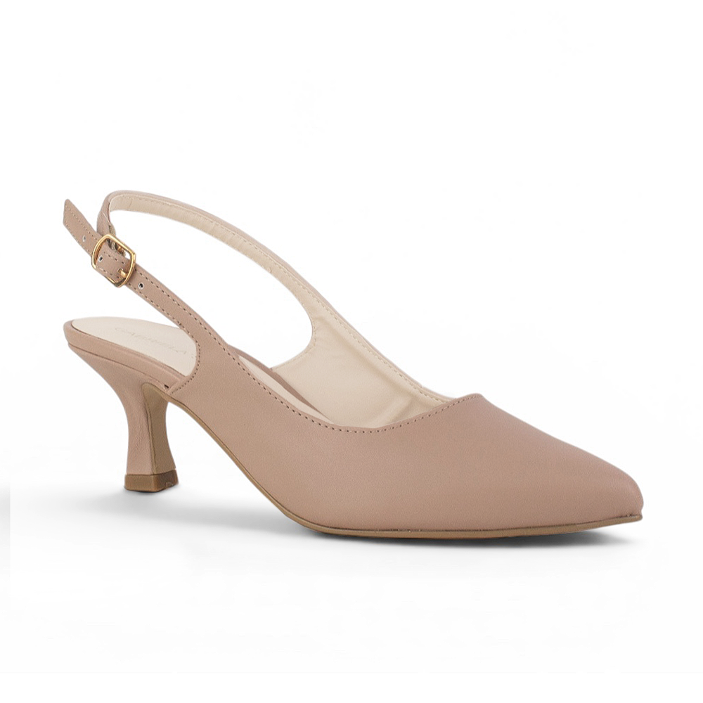 vista diagonal de zapatillas maquillaje para dama con tacón medio y talón descubierto