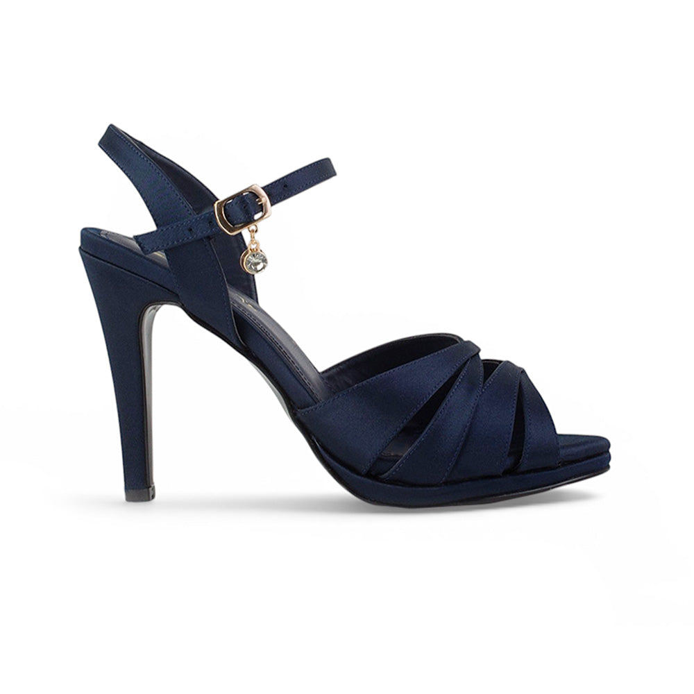 Vista lateral de zapatillas marino con tacón para mujer y tiras cruzadas 
