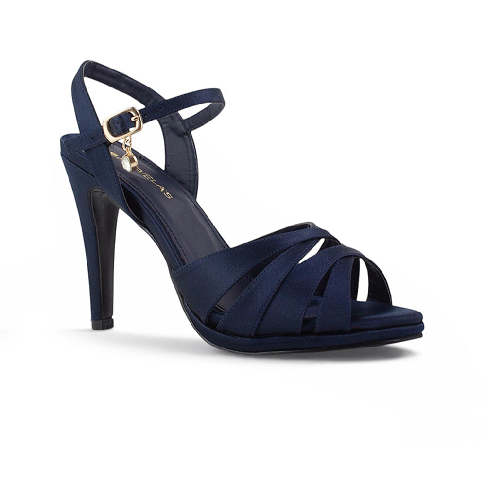 Vista diagonal de zapatillas marino para mujer con tiras cruzadas y tacón 
