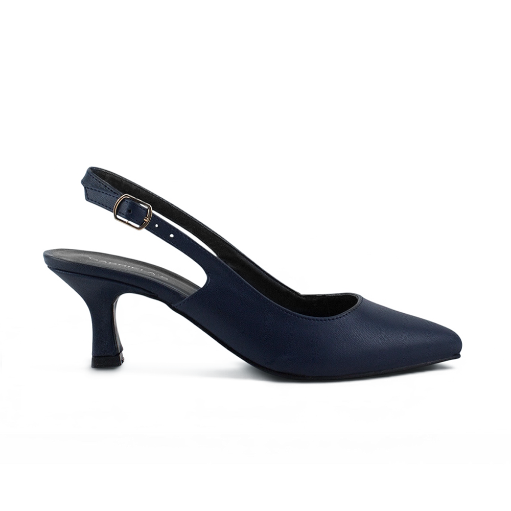 vista lateral de zapatillas azul marino con talón descubierto y tacón medio de 7cm