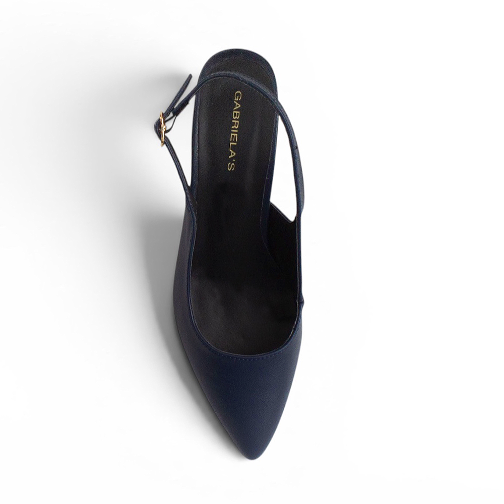 vista superior de zapatillas stiletto color azul marino para dama con talón descubierto 