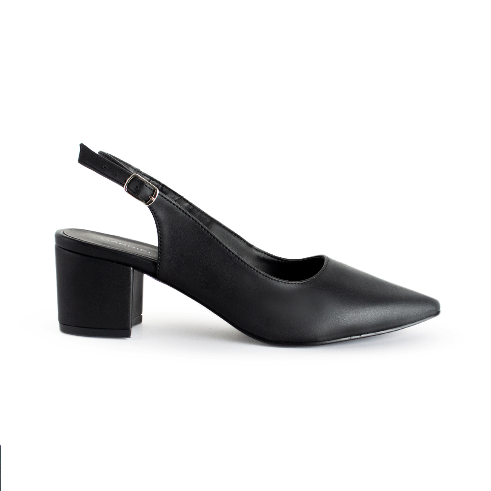 Vista lateral de zapatilla negra destalonada con tacón medio de 6cm puntal