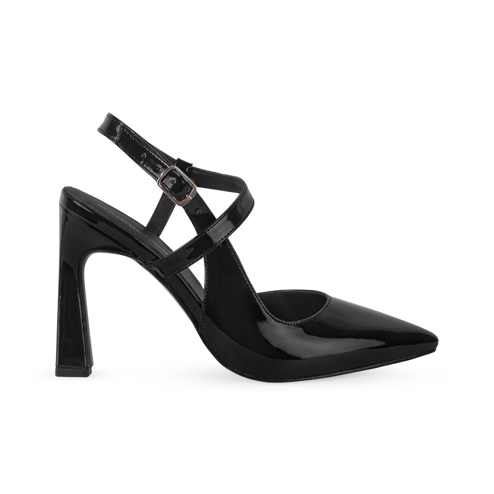 Vista lateral de zapatilla negra para mujer puntal con tacon escultural de 10cm
