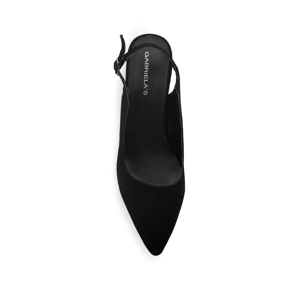 Vista superior de zapatilla negra en acabado buck para mujer puntal 