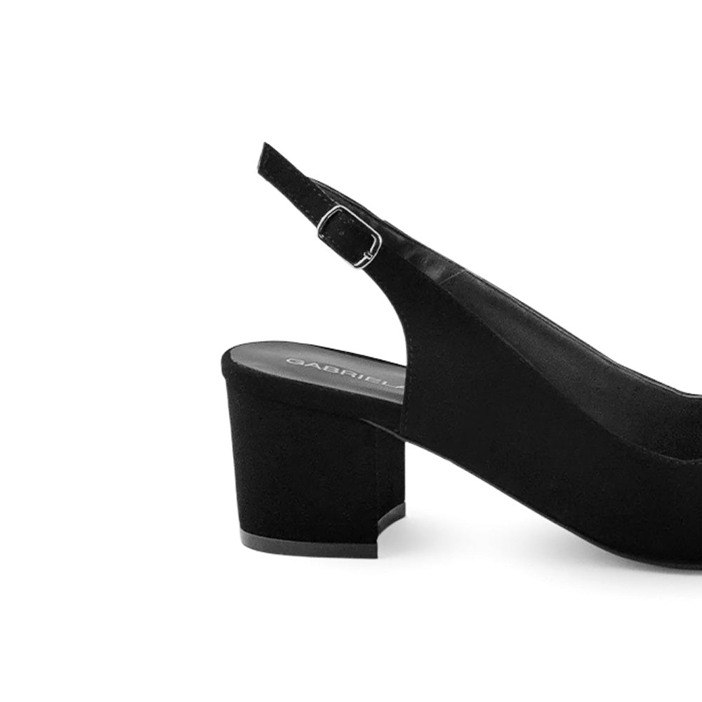 Vista trasera de tacón 6cm en zapatilla puntal destalonada para mujer en color  negro buck