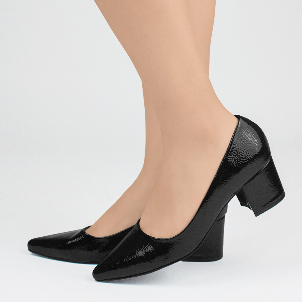 Zapatillas negras charol arrugado para mujer puntales con tacón bajo 5cm