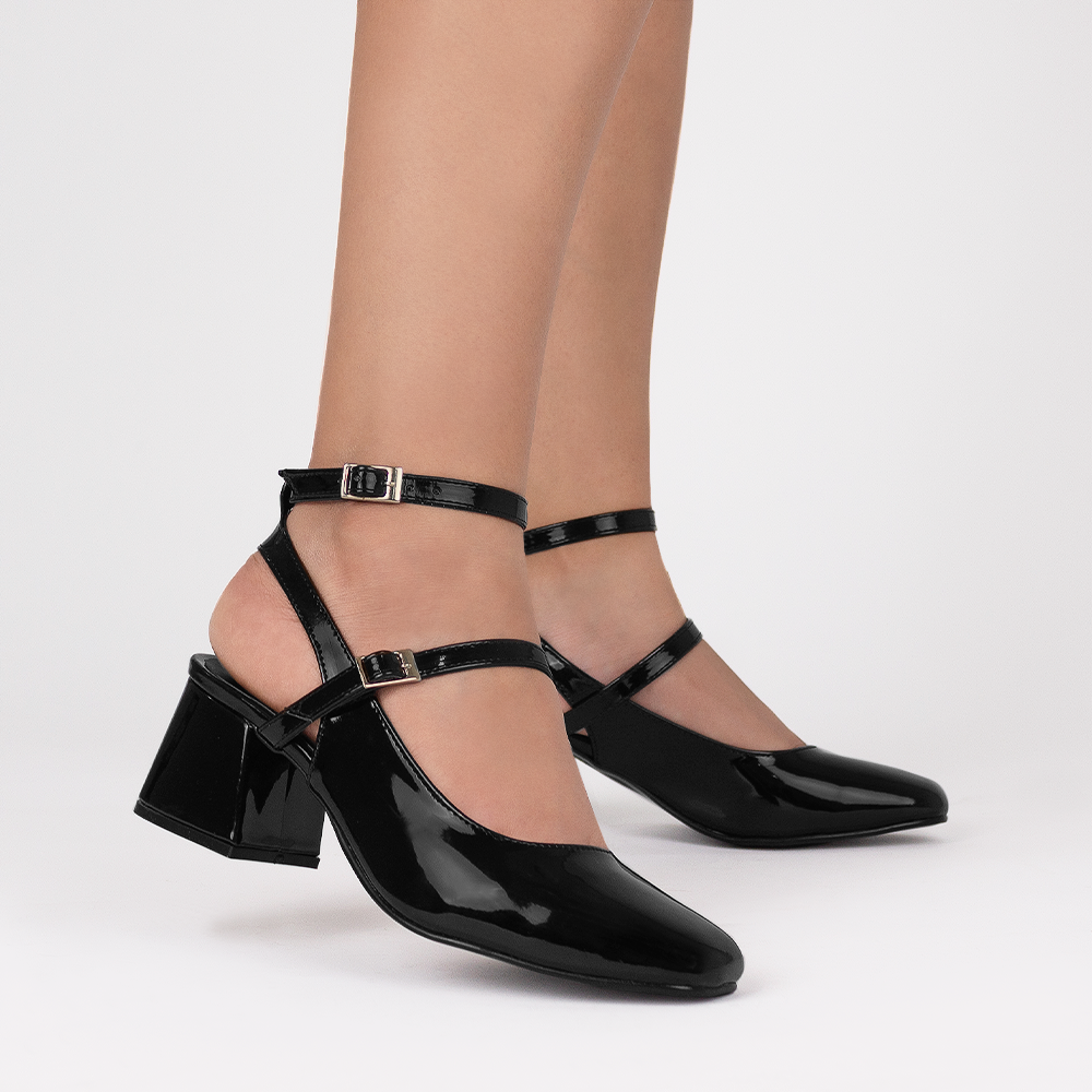 Zapatillas negras con doble hebilla y tacón bajo de 5cm para mujer