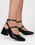 Zapatillas negras con doble hebilla y tacón bajo de 5cm para mujer