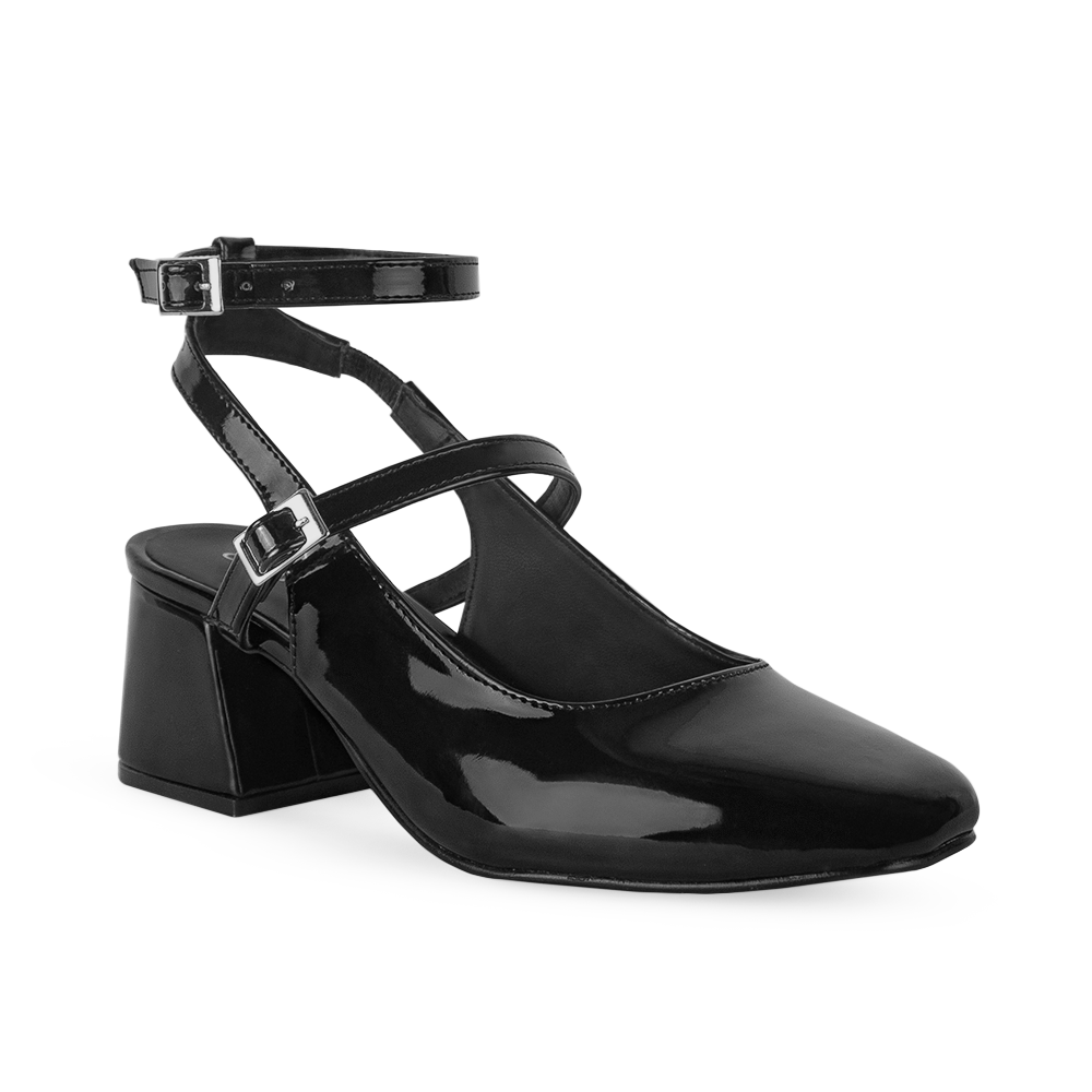 Vista diagonal de zapatilla negra para mujer con tacón escultural de 5cm y doble hebilla