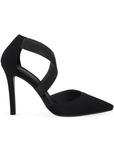 Vista lateral de zapatilla negra buck con tacon delgado para mujer