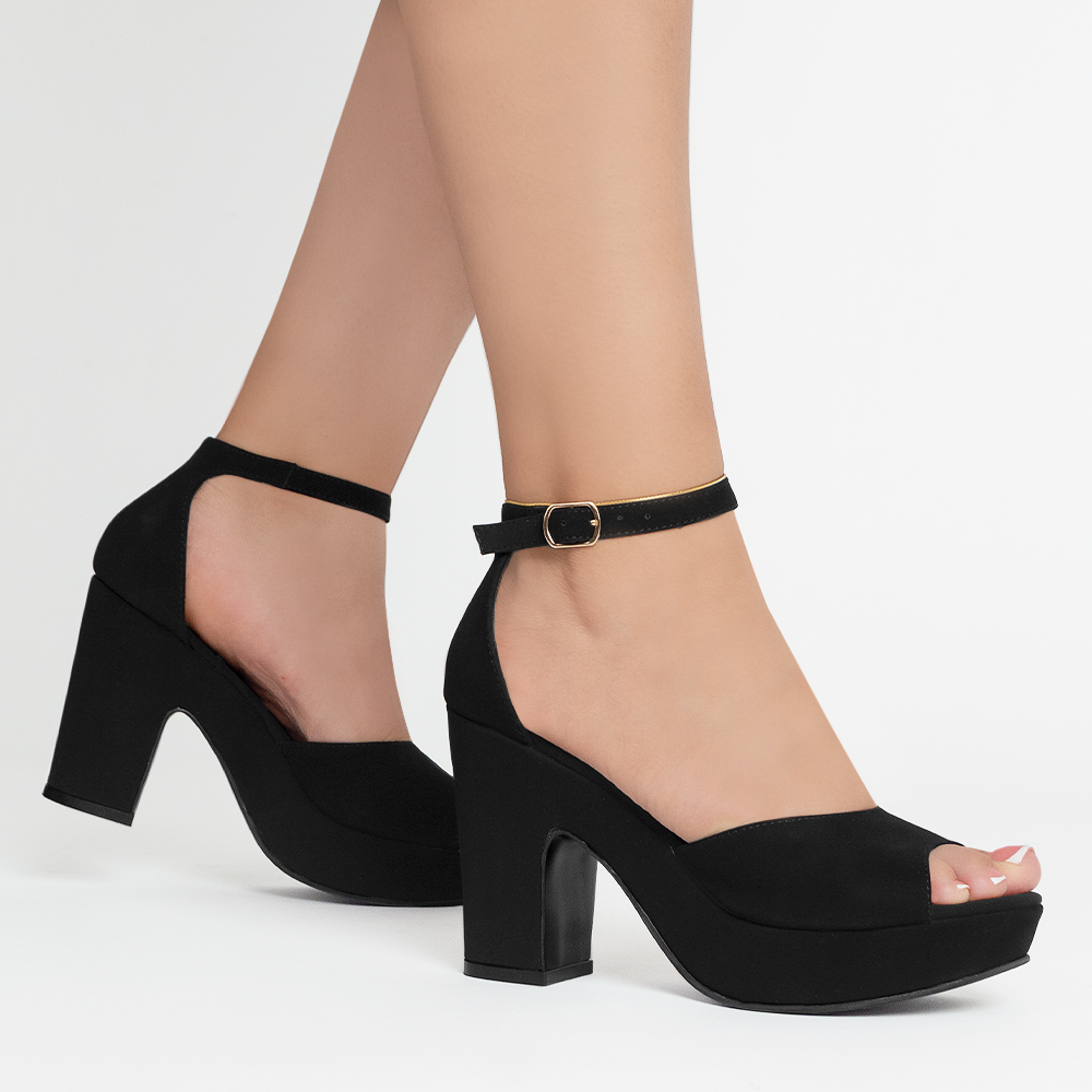 Zapatillas negras en acabado Buck para mujer con pulsera y tacón ancho de 10cm