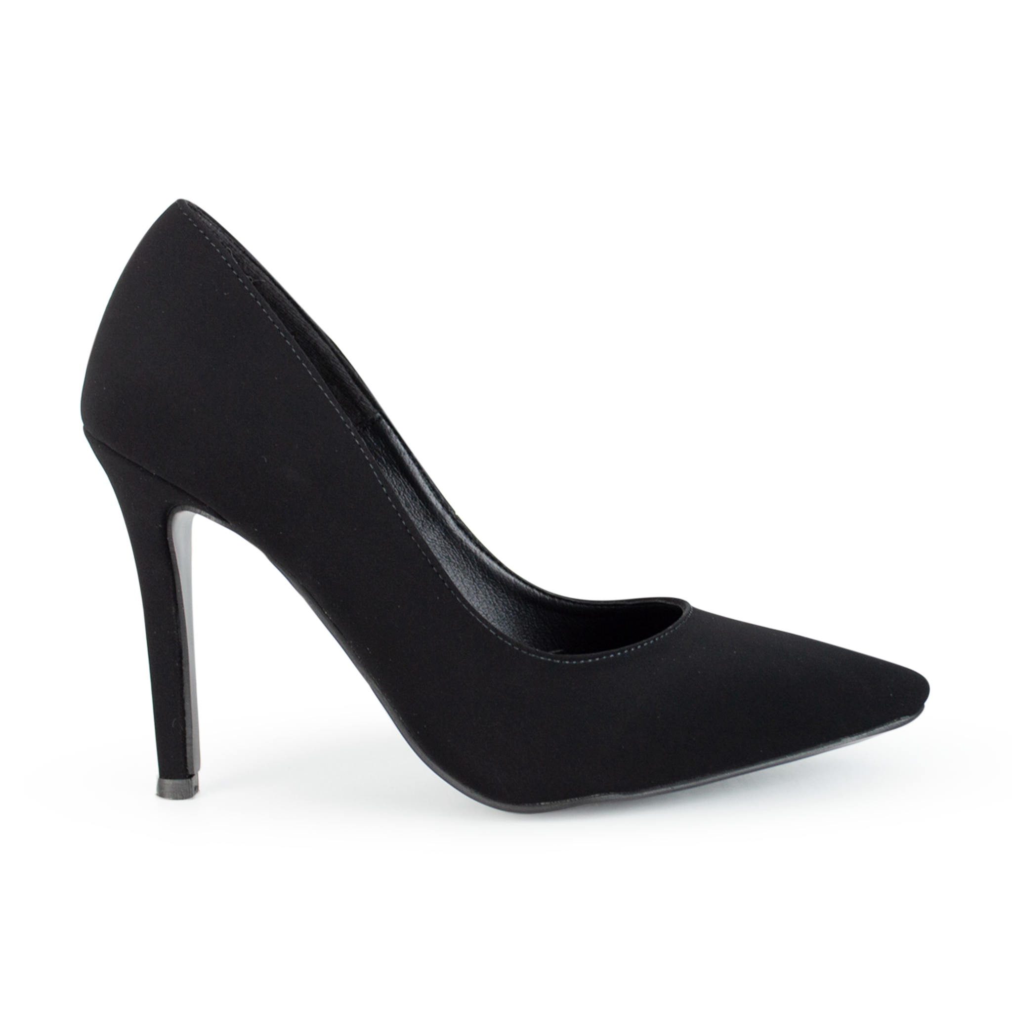 Vista lateral de zapatilla negra de acabado buck para mujer tipo stiletto con tacón delgado