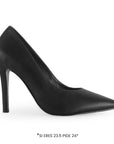 Vista lateral de zapatilla negra de acabado cabra sintetico para mujer tipo stiletto con tacón delgado