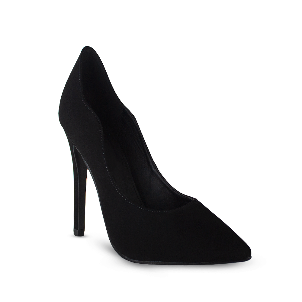 Vista diagonal de zapatillas para mujer puntales con tacón delgado 10cm en color negro