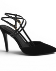 Vista lateral de zapatillas negras para mujer con doble pulsera y tacón