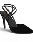 Vista diagonal de zapatillas negras con doble pulsera para mujer de tacón medio  