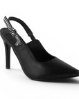 Vista diagonal de zapatillas negras destalonada para mujer de tacón alto 