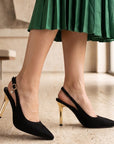zapatillas negras stiletto de gamuza con talón descubierto y tacón oro de 10cm 