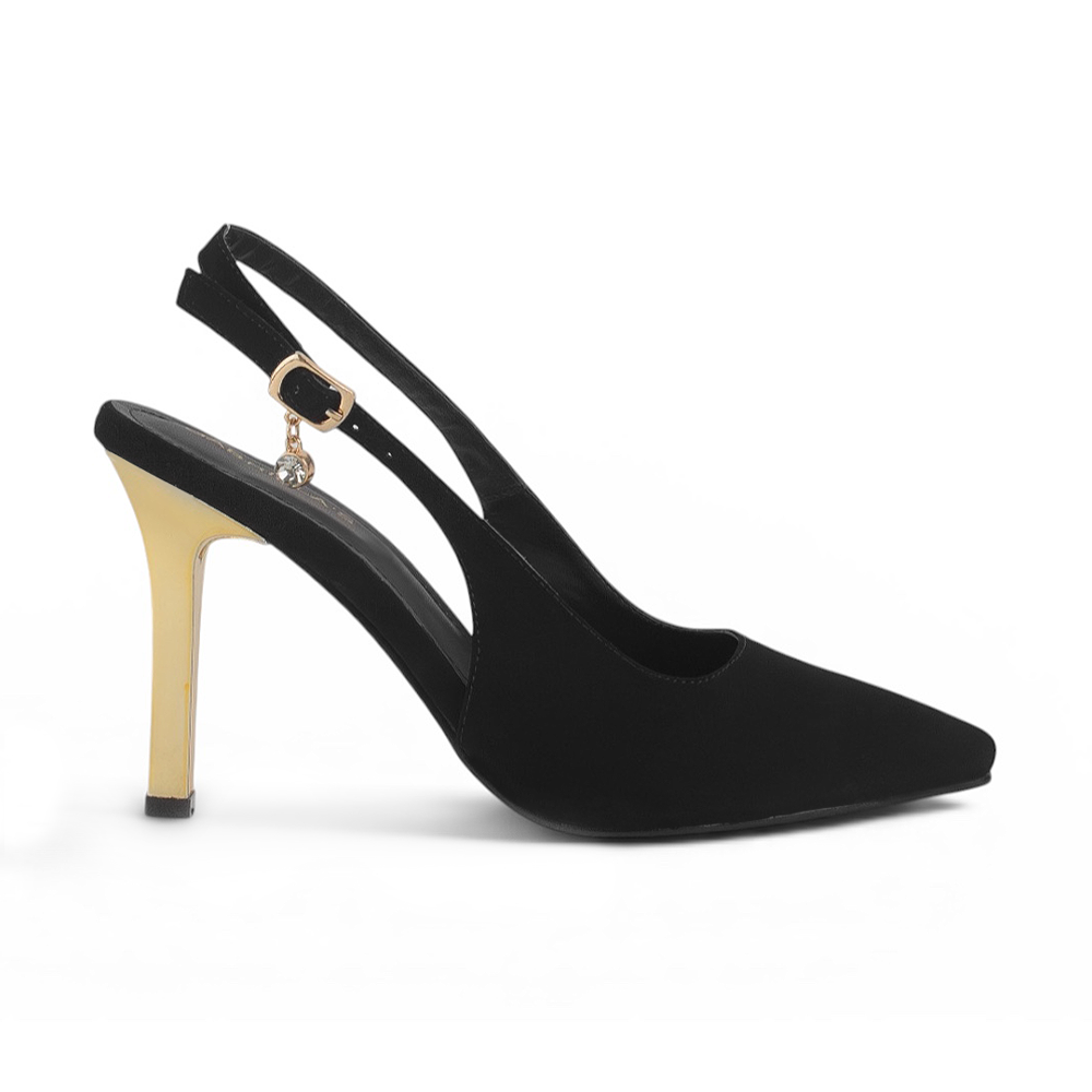 vista lateral de zapatillas negras stileto con tacón oro de 10 cm y talón descubierto