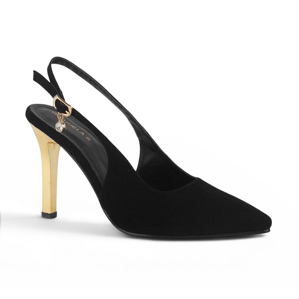 vista diagonal de zapatillas negras para dama con tacón oro 
