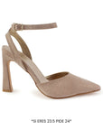 Vista lateral de zapatilla oro brilloso con pulsera y tacón medio de 10cm