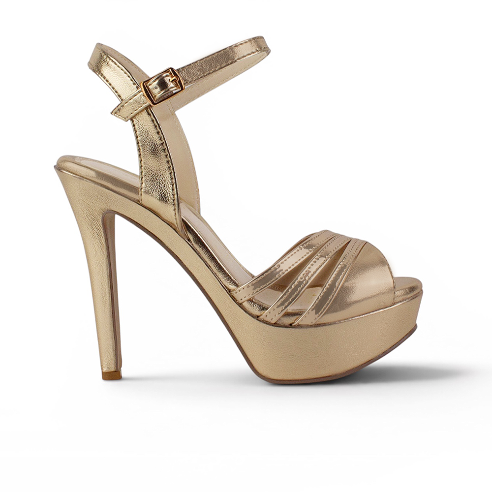 vista lateral de zapatillas oro de dama con plataforma y tacon alto