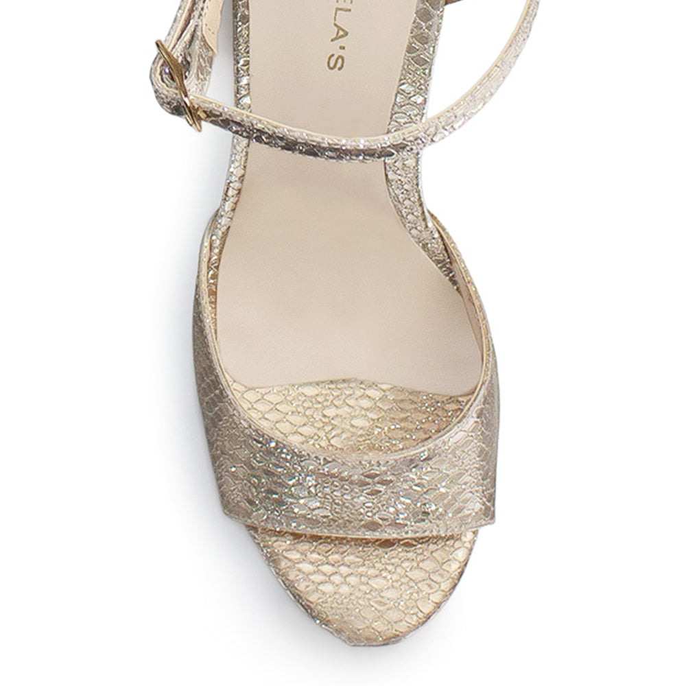 Vista de material sintético en zapatilla oro con pulsera y tacón 13cm para mujer