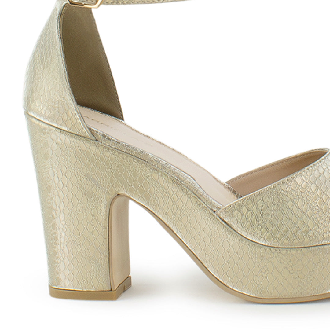 Vista trasera de tacón ancho de 10cm en zapatilla para mujer color oro