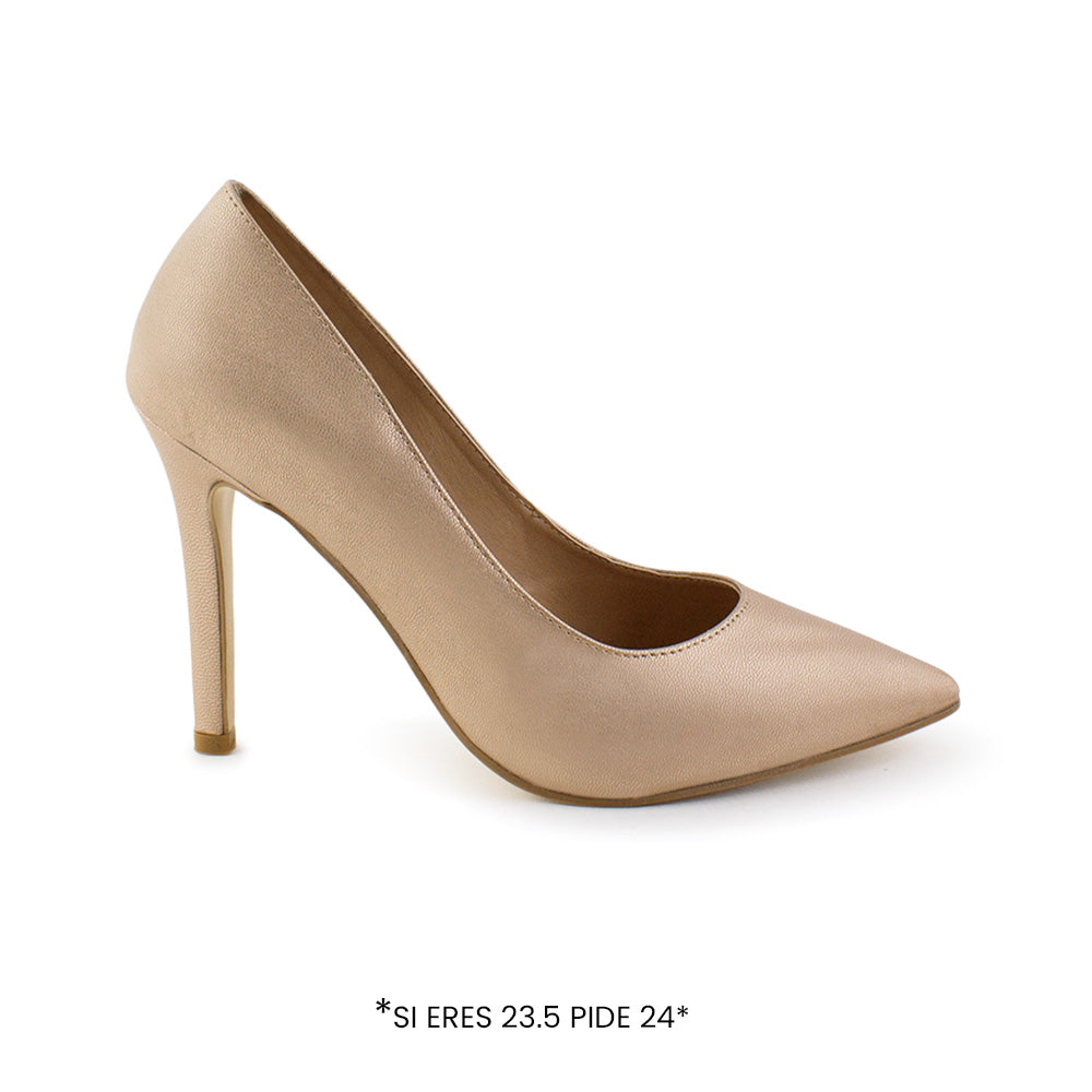 Vista lateral de zapatilla oro rosado para mujer tipo stiletto con tacón delgado