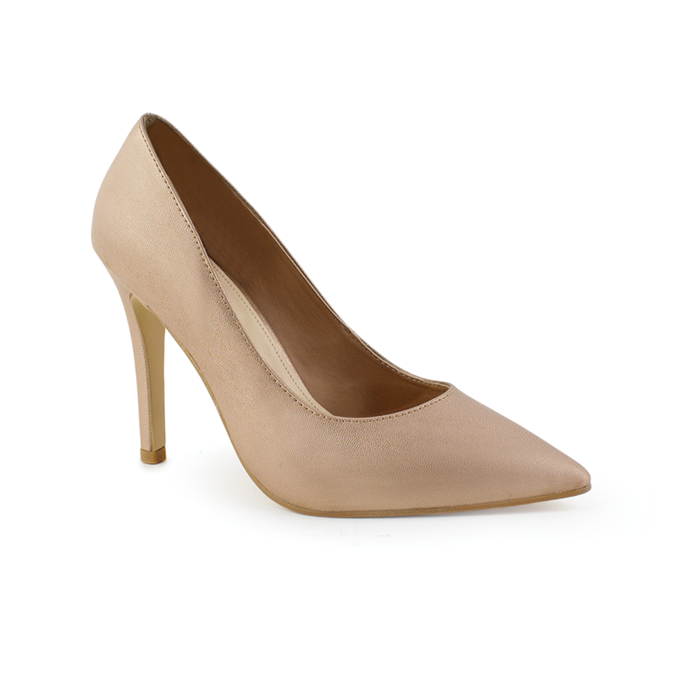 Vista diagonal de zapatilla oro rosado con tacón delgado para mujer