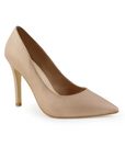 Vista diagonal de zapatilla oro rosado con tacón delgado para mujer