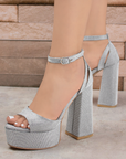 Zapatillas plata brilloso para mujer con pulsera y tacón alto 13cm