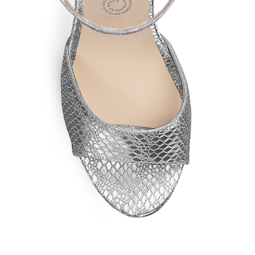 Vista de material sintético en zapatilla plata con pulsera y tacón 13cm para mujer