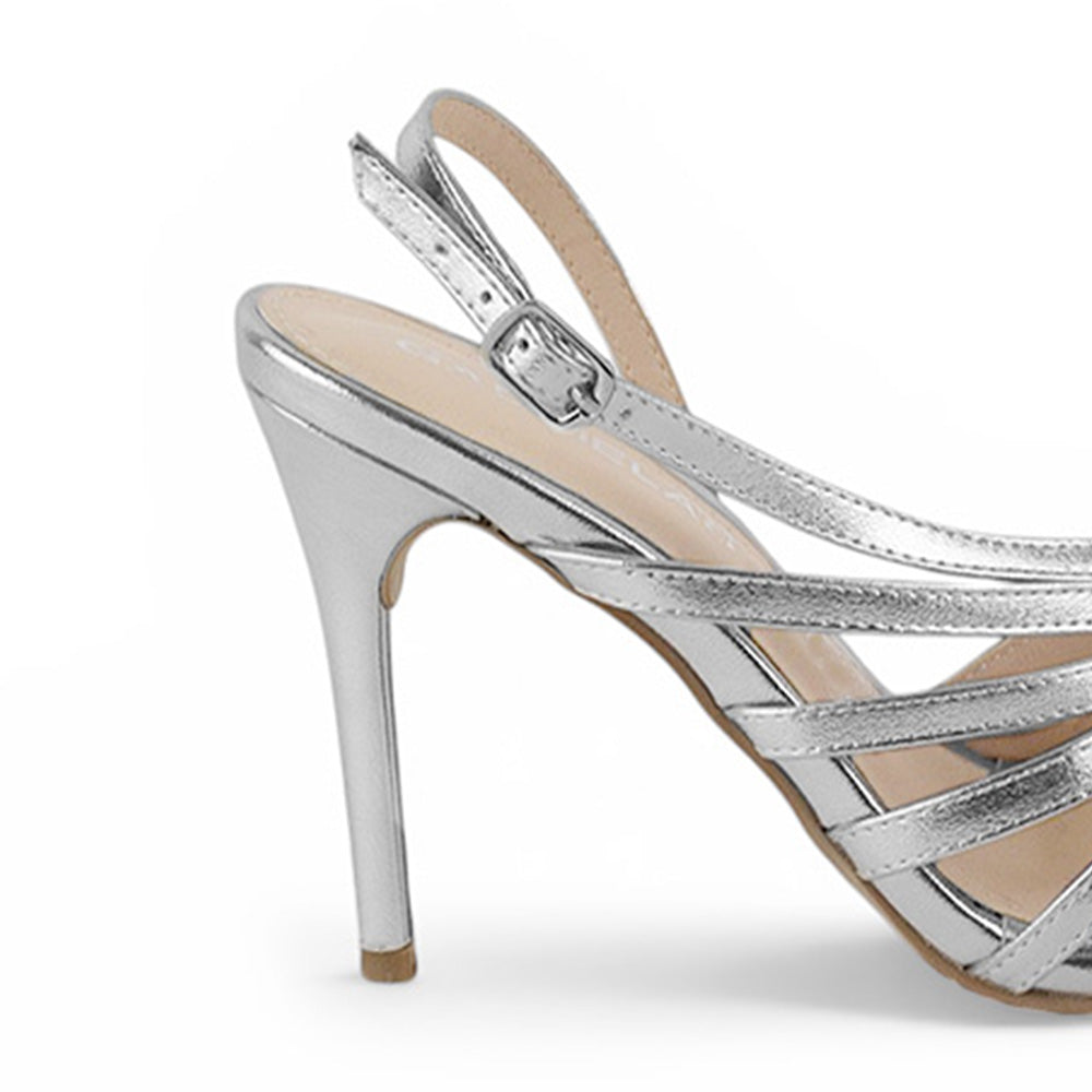 Vista trasera de zapatilla plata para mujer con tiras de tacon 
