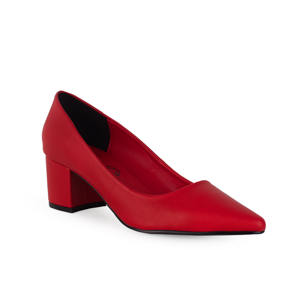 Vista diagonal de zapatilla roja para mujer tipo stiletto con tacón bajo de 5cm