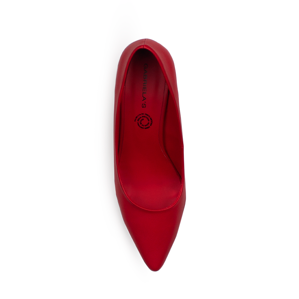Vista superior de zapatilla tipo stiletto para mujer en color rojo